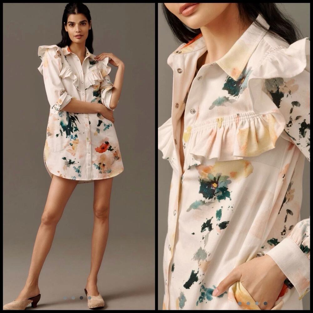 Pilcro x Anthropologie Floral Long-Sleeve Ruffled Denim Mini Shirt Dress